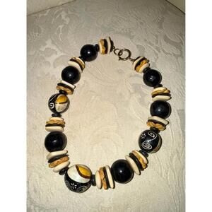 Vintage Chunky Beaded Necklace Black Cream Tribal Boho Statement Artisan Style